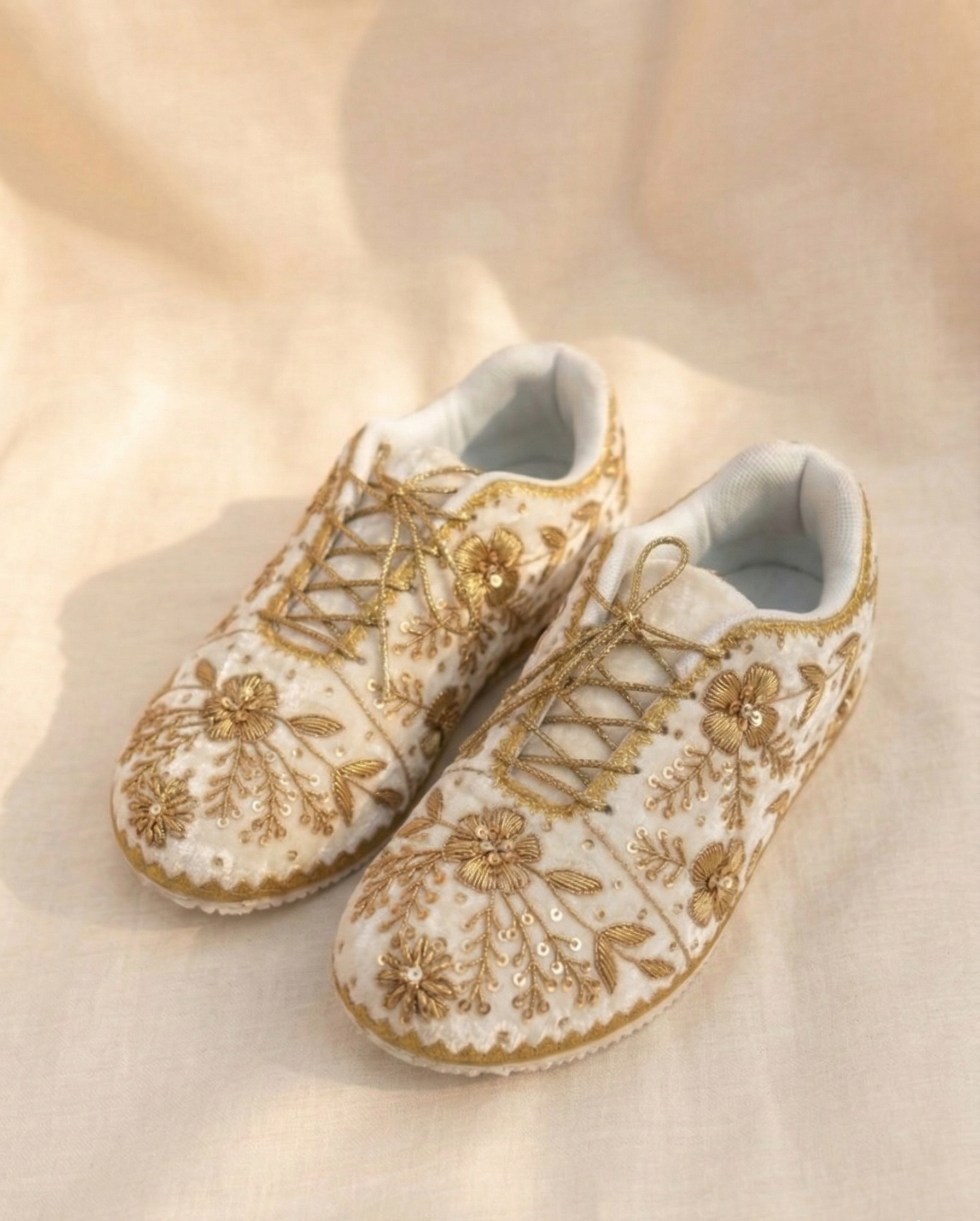 Zoya Pearl Sneakers | Floral Gold Embellished Elegance