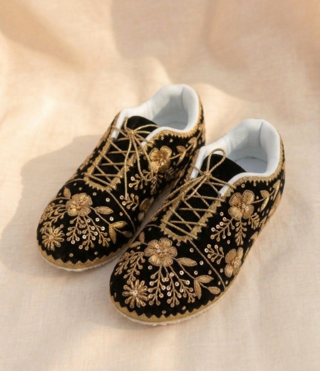 Noir Zehra Sneakers | Midnight Floral Gold Elegance