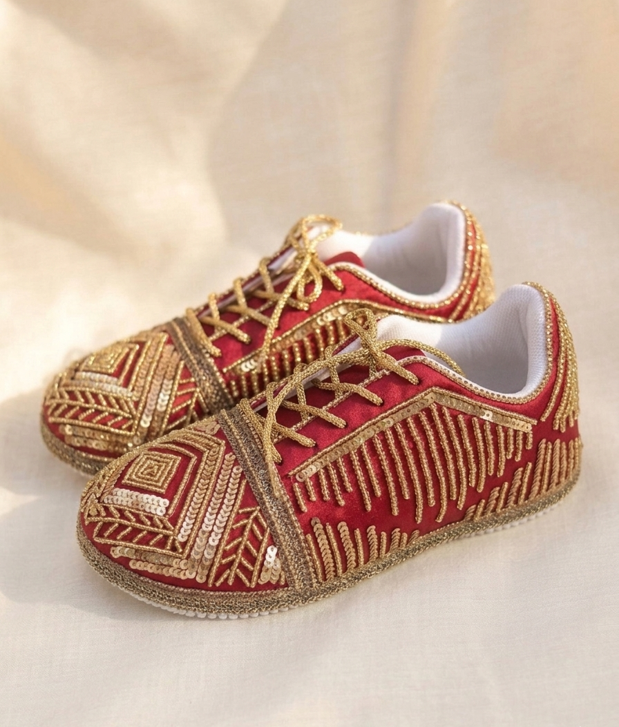 Ruhani Crimson Sneakers | Regal Embroidered Elegance