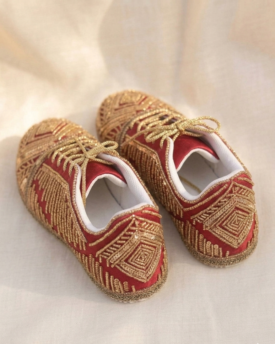 Ruhani Crimson Sneakers | Regal Embroidered Elegance