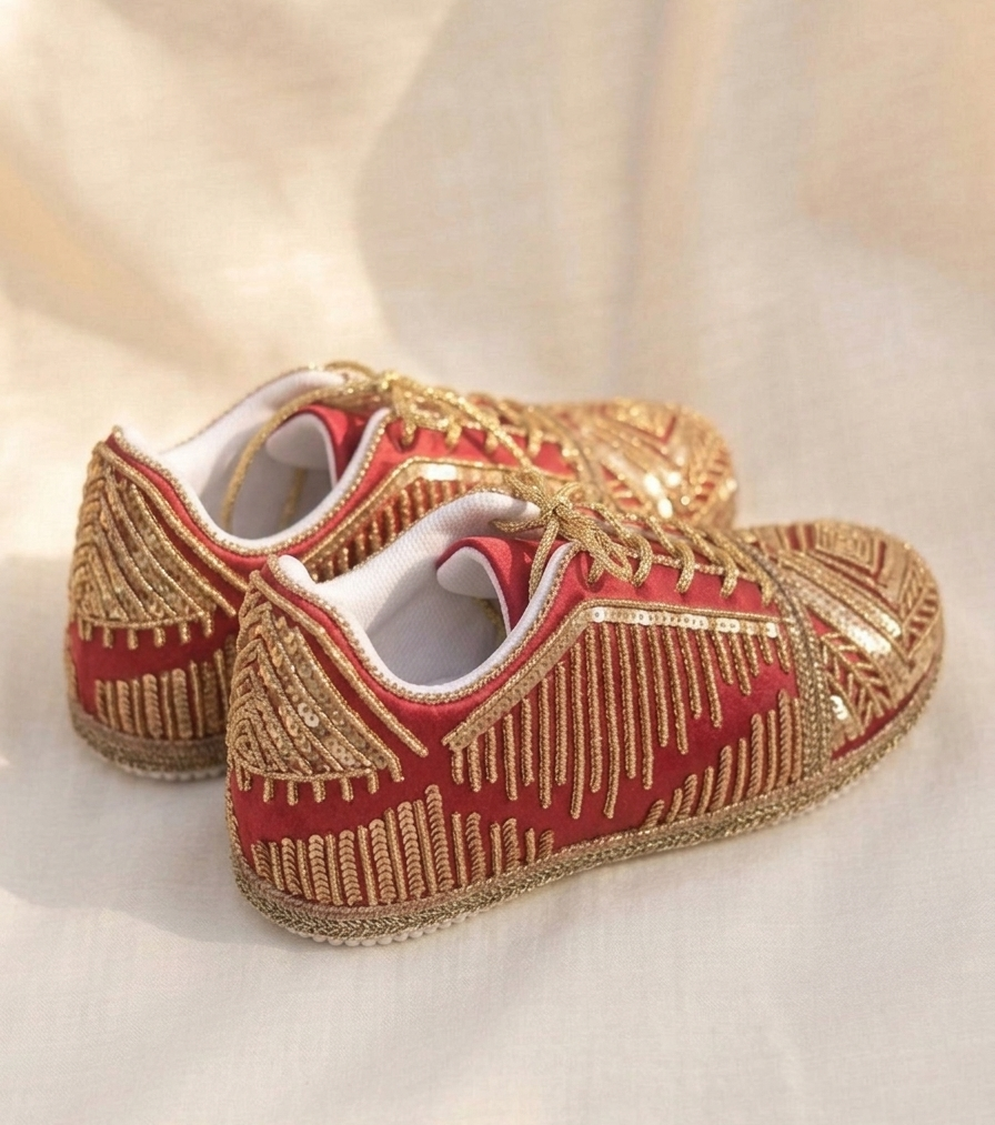 Ruhani Crimson Sneakers | Regal Embroidered Elegance
