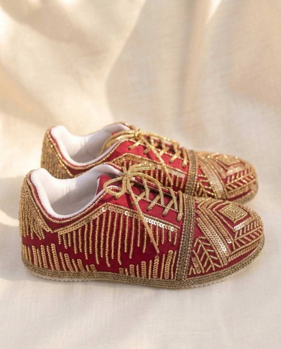Ruhani Crimson Sneakers | Regal Embroidered Elegance