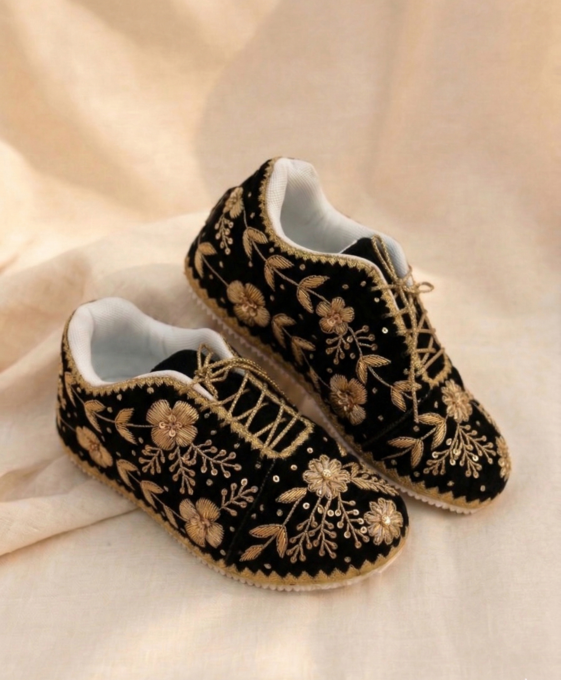 Noir Zehra Sneakers | Midnight Floral Gold Elegance