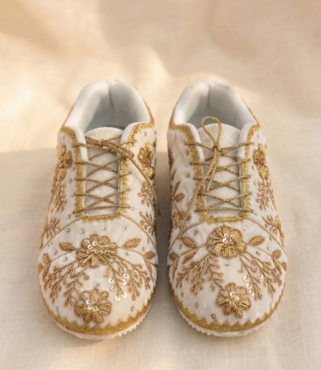 Zoya Pearl Sneakers | Floral Gold Embellished Elegance