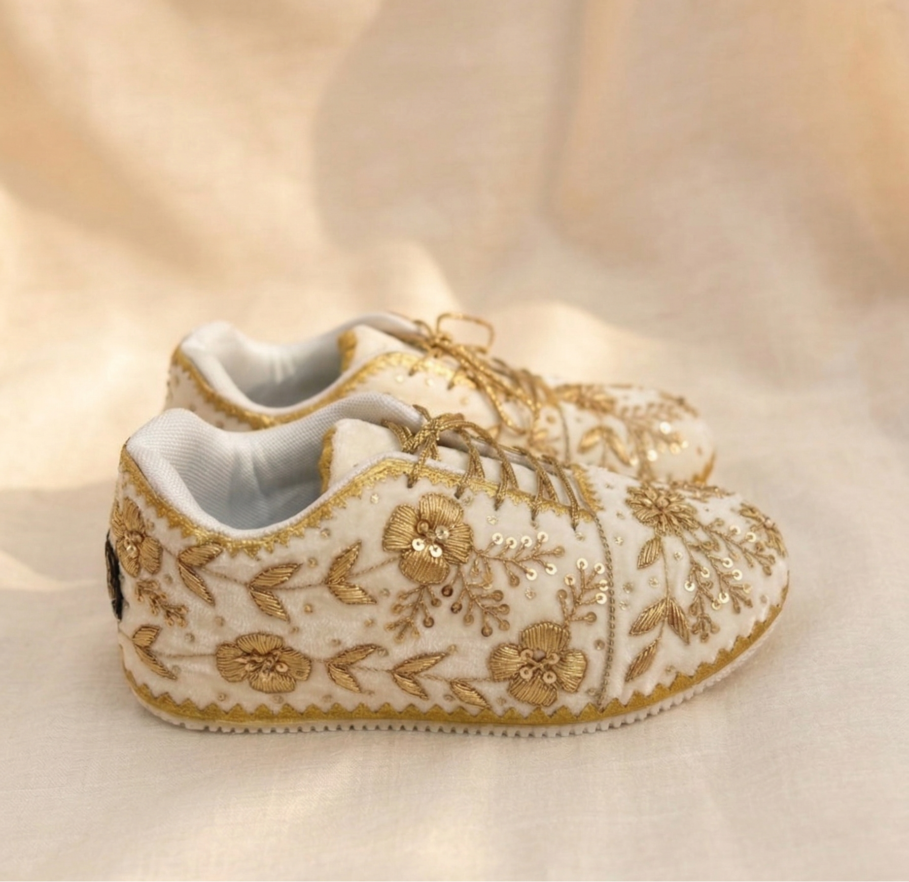 Zoya Pearl Sneakers | Floral Gold Embellished Elegance