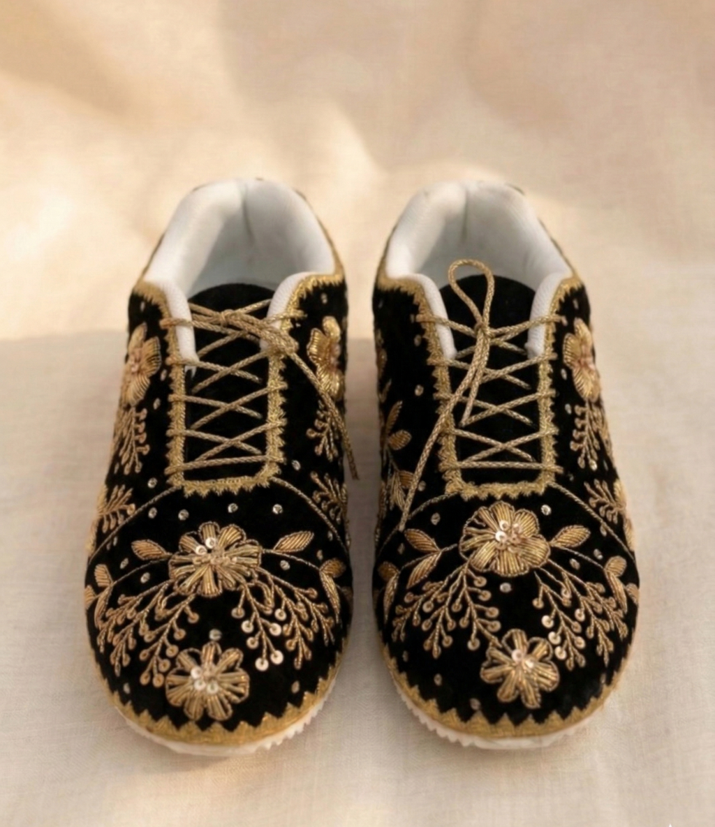 Noir Zehra Sneakers | Midnight Floral Gold Elegance