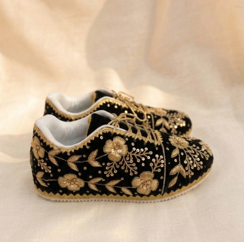 Noir Zehra Sneakers | Midnight Floral Gold Elegance