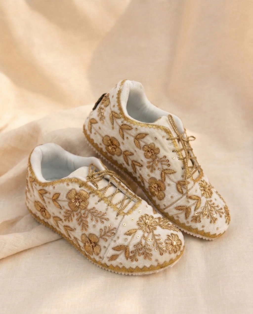 Zoya Pearl Sneakers | Floral Gold Embellished Elegance